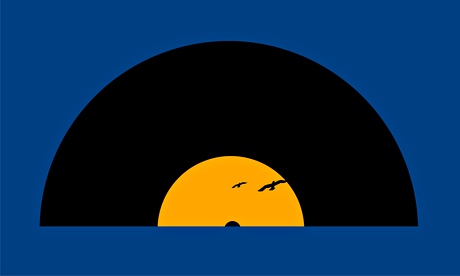A vinyl record portrayed as a setting sun, by Noma Bar.
