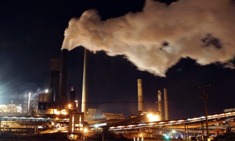 Smoke bellows from a chimney stack at a steelworks at Port Kembla, south of Sydney.