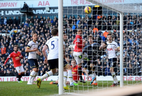 The ball crosses the line, but Falcao and Jones are correctly ruled offside.