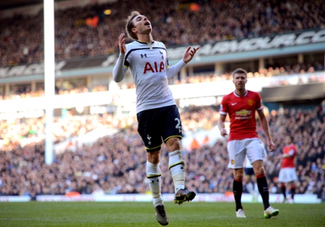 Christian Eriksen reacts after a missed opportunity as Spurs increase the pressure.
