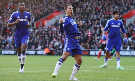 Eden Hazard of Chelsea celebrates scoring his goal, 1-1 at half-time.