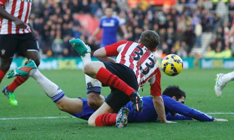 A close call but Chelsea should have been given a penalty for this challenge by Mat Targett.