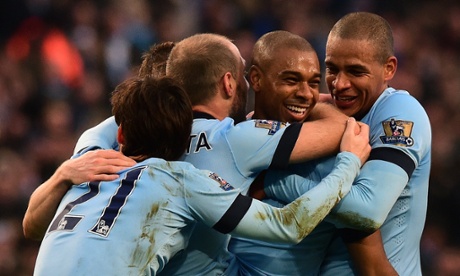 Fernandinho celebrates scoring the second for City, his first of the season.