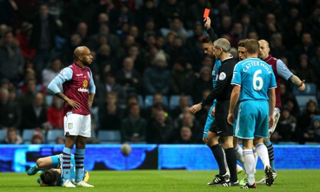 Red for Fabian Delph after a foul on Jordi Gomez