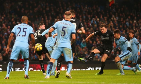 Ashley Barnes scores the second for Burnley, an equaliser after they were 2-0 down at half-time.