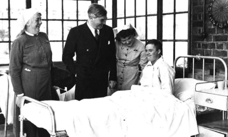 Aneurin Bevan visiting Park Hospital, Davyhulme, Manchester, now Trafford General Hospital, on July 5, 1948, for the official launch of the NHS. Bevan accepted the keys to the hospital in a symbolic ceremony, making this the first NHS hospital.