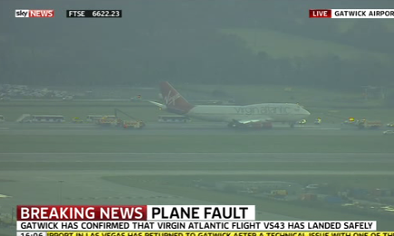 Television footage from Gatwick airport shows flight VS43 after landing.