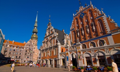 The house of the Blackheads and St Peter's church, Riga.