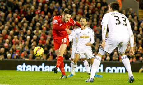 Adam Lallana blasts the ball over the bar from close range, he should have done better.
