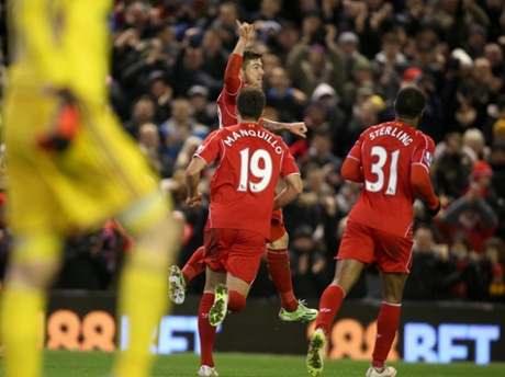 And Moreno celebrates after his first ever goal for Liverpool at Anfield.