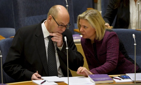 Social Democrats Jorgen Hellman (left) and finance minister Magdalena Andersson during the budget debate. Photo:  Henrik Montgomery/AFP/Getty Images