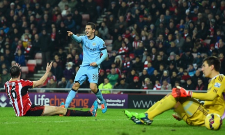 Stevan Jovetic of  Manchester City celebrates after scoring against Sunderland to make it 2-1 to City.