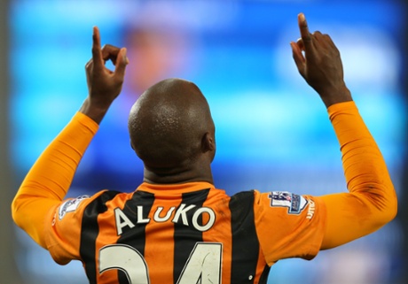 Sone Aluko of Hull City celebrates after scoring.