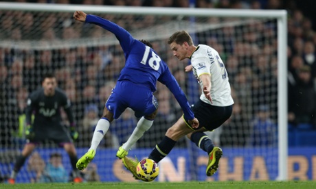 Loic Remy of Chelsea wrong foots Jan Vertonghen of Tottenham Hotspur on his way to scoring the third Chelsea goal.