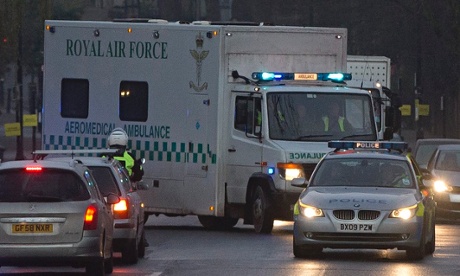 A convoy carrying an Ebola patient arrive at the Royal Free Hospital in London