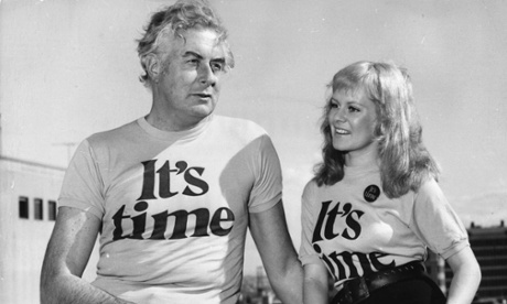 21st July 1972:  Australian politician, Gough Whitlam with singer Little Pattie, wearing t-shirts announcing 'It's Time', for his Labour election campaign.  (Photo by Graeme Fletcher/Keystone/Getty Images)black&white;formatlandscape;male;female;Music;Fashion&Clothing;Personality;Australian;Australasia;KEYP82532NONEG;KEYP/WHITLAM/GOUGH;