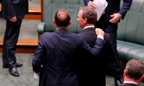 The Prime Minister Tony Abbott and Education minister Christopher Pyne after valedictory statements in the house of Reps chamber of Parliament House Canberra this morning, Thursday