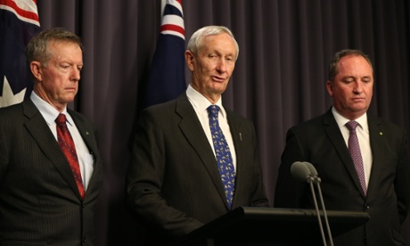Agriculture minister Barnaby Joyce, the member for Parkes Mark Coulton (left) and the member for Maranoa Bruce Scott to announce a revised drought recovery package.