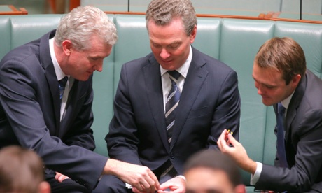 The leader of the house Christopher Pyne and manager of opposition business Tony Burke along with Wyatt Roy inspect Lego avatars that Mr Burke has provided for the #BrickReps.
