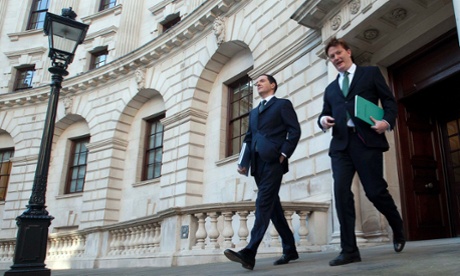 Danny Alexander and George Osborne leaving the Treasury