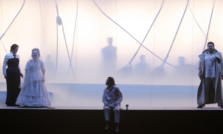 Katarina Dalayman (2ndL, Isolde), Peter Seiffert (R, Tristan) , Michelle De Young (L, Brangaene) and Dominic Stein (C, Tristan II) rehearse a scene from the opera 'Tristan and Isolde' by German composer Richard Wagner at the State Opera Unter Den Linden in Berlin, Germany, 5 April 2006. The opera will premiere in a staging by Stefan Bachmann and the musical direction of Daniel Barenboim