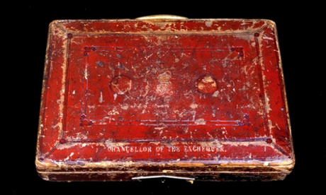 Undated National Archives handout picture of the famous battered red budget box first used by Gladstone's budget red box, used by every chancellor from Gladstone in 1860 until George Osborne in 2010, apart from James Callaghan and Gordon Brown. It is now retired.