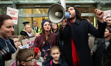 Russell Brand joins residents and supporters from the New Era housing estate in east London.