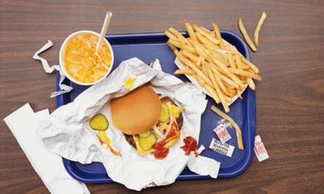 Elevated View of a Tray With Fries, a Hamburger and Lemonade
