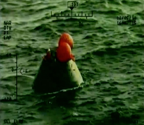 In this frame grab from NASA-TV, the Orion capsule floats after splashing down in the Pacific Ocean