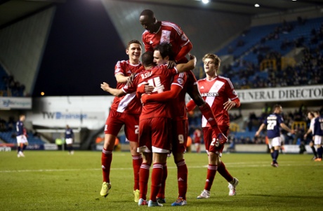 Middlesbrough celebrate with Kike after he scores to make it 5-1.