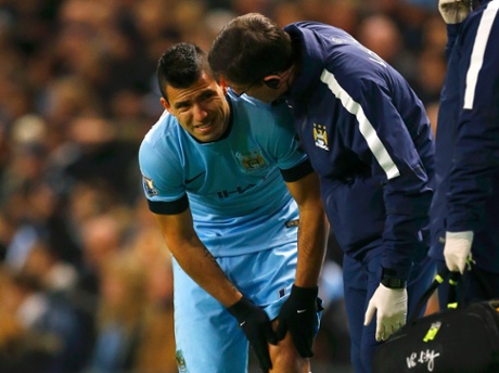 Sergio Aguero reacts after sustaining an injury.
