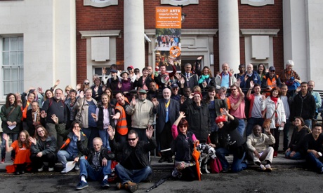 The supporters and participants of CoolTan Arts outside Maudsley psychiatric hospital in south London for the Largactyl Shuffle, a sponsored walk run by the charity.