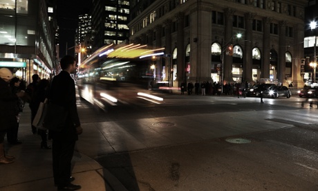 Bus going down busy street 