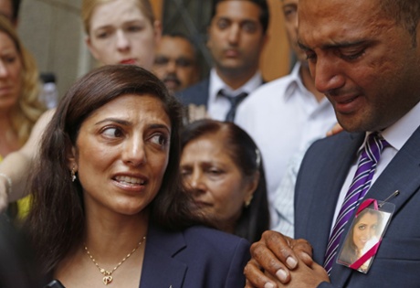 Ami Denborg, left, and her brother Anish Hindocha, right, after the court case that acquitted their sister's former husband Shrien Dewani.
