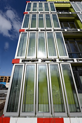 The BIQ house in hamburg, with photobioreactor facade.