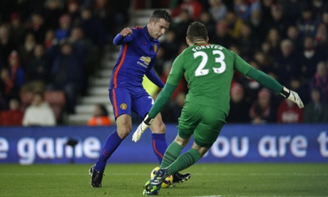 Robin van Persie scores the opening goal past Fraser Forster after a poor back pass from Jose Fonte on his 200th appearance for the club.