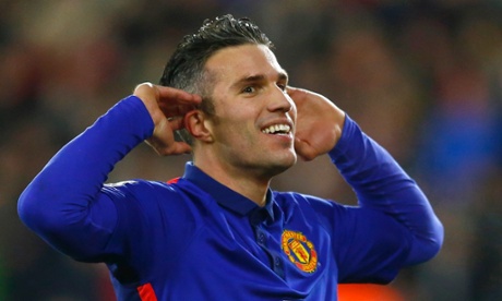 Manchester United's Robin van Persie celebrates after scoring his second goal to put United back in the lead.