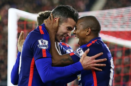 Robin Van Persie celebrates with Ashley Young after scoring what proved to be the decisive goal.