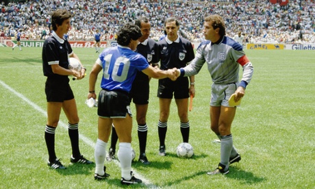 Diego Maradona of Argentina shakes hands with Peter Shilton of England 