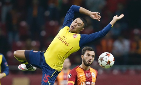 Arsenal's Alex Oxlade-Chamberlain in action against Galatasaray's Emre Colak during their Champions League game.