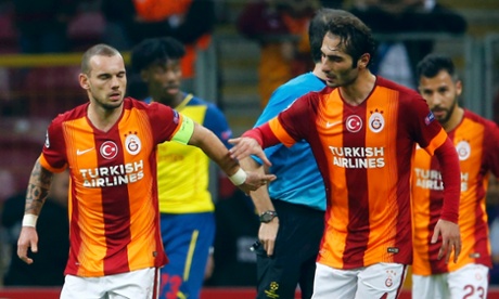 Galatasaray's Wesley Sneijder 'celebrates' his goal.