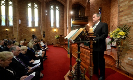 Speaker Bronwyn Bishop and Deputy PM Warren Truss stare at the program while Bill Shorten dispenses his wisdom.