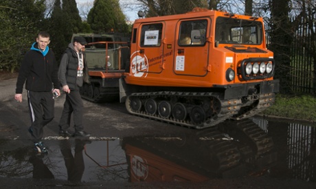 Amphibious vehicles arrive to help with the recovery efforts at flood hit Muchelney in Somereset, England.