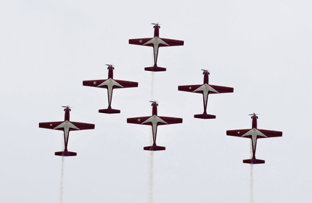 The TNI-AU Jupiter Aerobatic Team of Indonesia flies in formation.