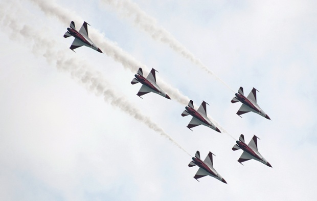 Republic of Singapore Airforce aerobatic team flies in formation.