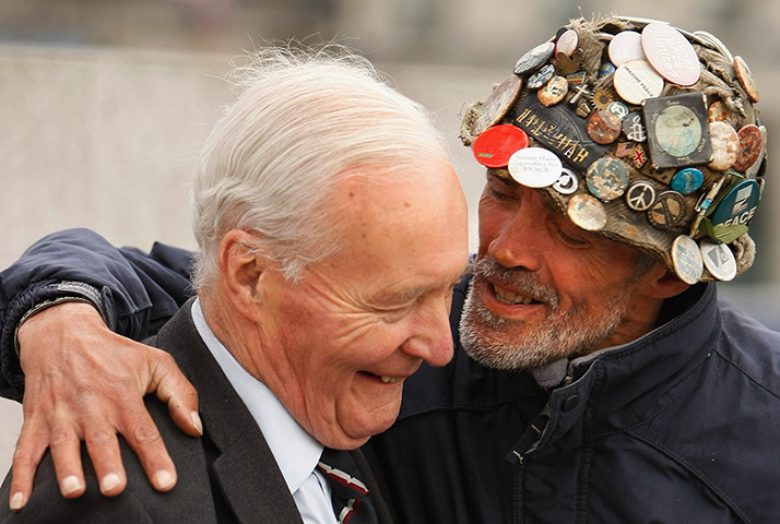 Tony Benn in pictures: Tony Benn laughs with protester Brian Haw during an Anti-War protest in Lon