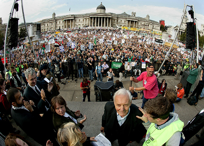 Tony Benn in pictures: Veteran politician Tony Benn is applauded after his speech to the crowd in 