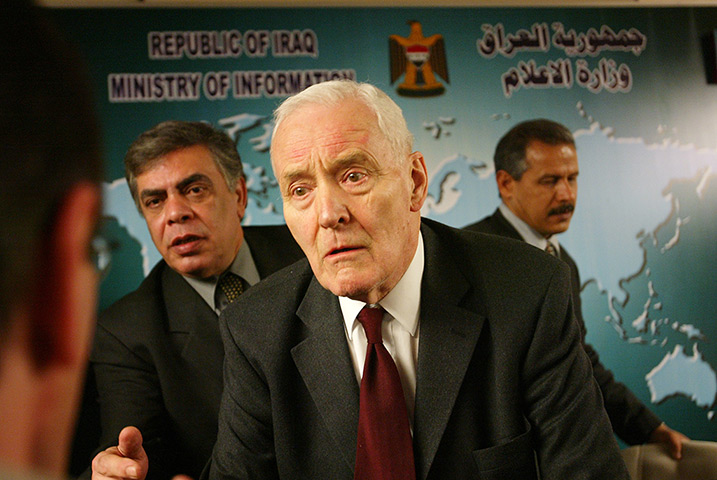 Tony Benn in pictures: Tony Benn speaks to reporters following a news conference at the Ministry o