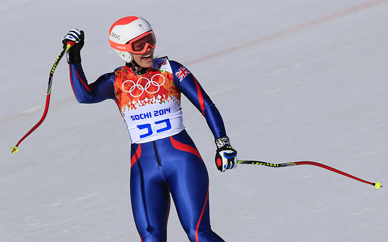 Olympics: Great Britain's Chemmy Alcott reacts aft