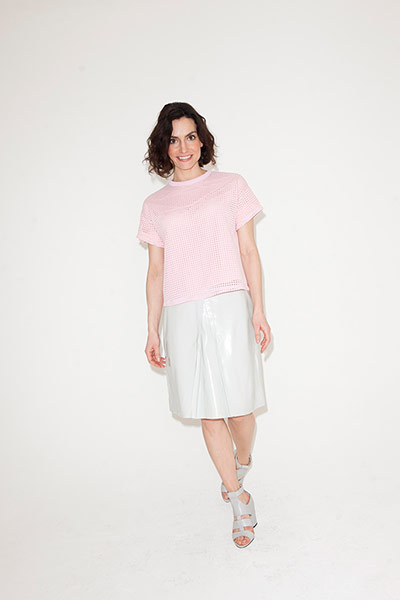 All Ages: pink short sleeved top white skirt white sandals